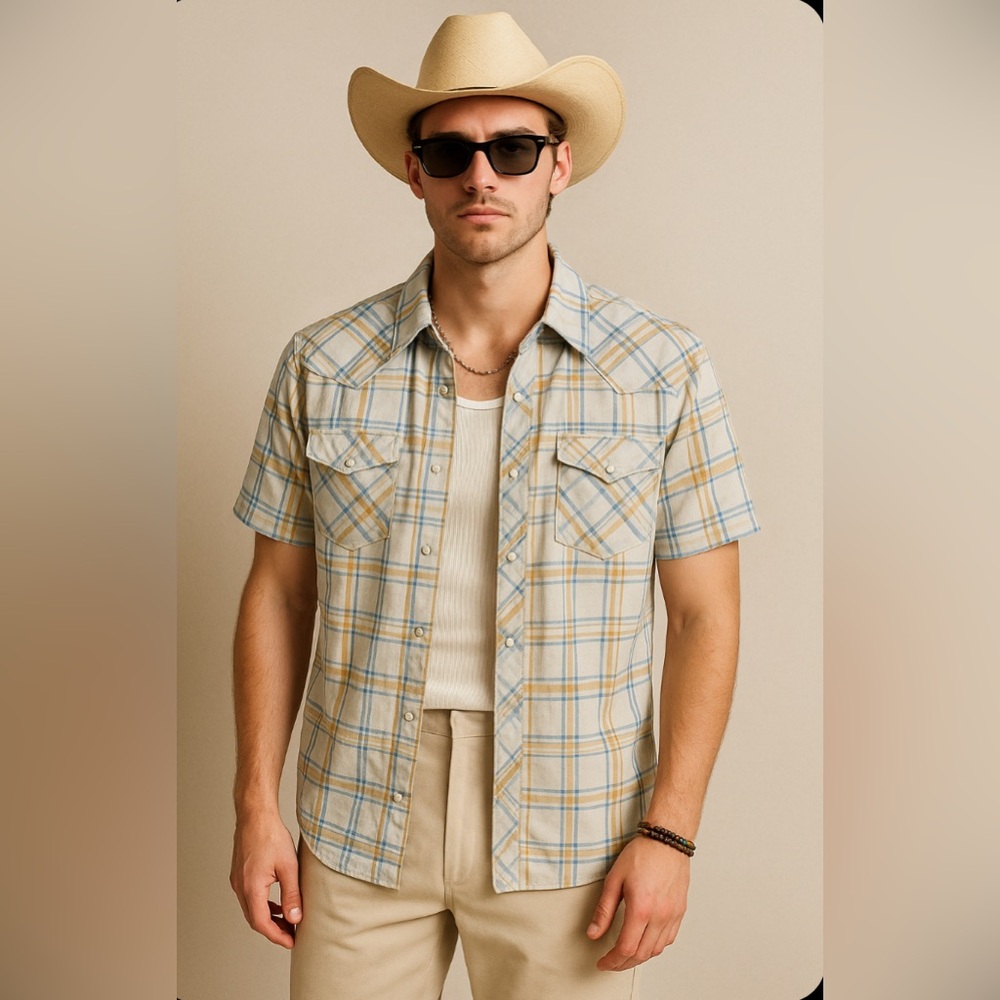Moda Tech Cream Plaid Pearl Snap Short Sleeve in M